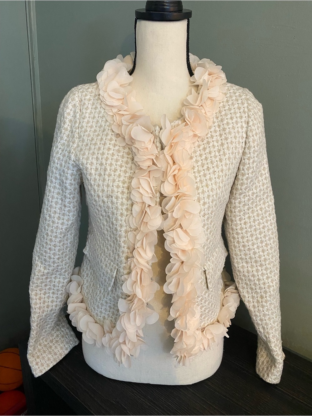Young Essence Cream Tweed Jacket with Floral Trim